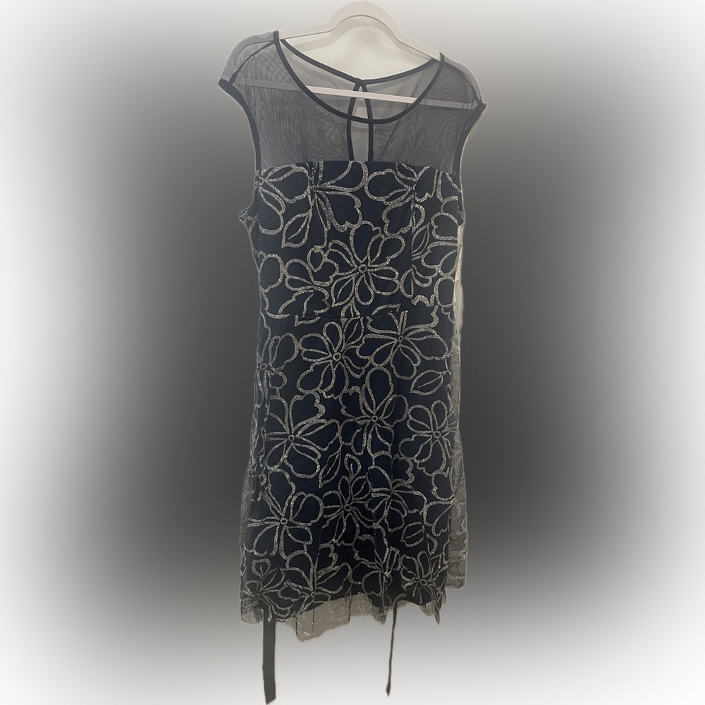 Navy Blue Evening Silver Glitter Mesh Lined Dress | Sz XL